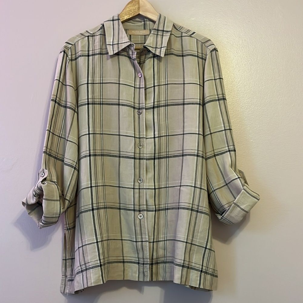 Kate Hill Casual Women’s Plaid 100% Linen Button Down Top Tunic Tan/Black Sz XL